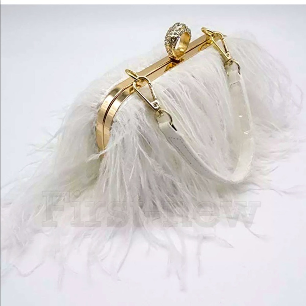 Brand New Ostrich Feather Purse/ Interchangeable Leather Strap and Gold Chain